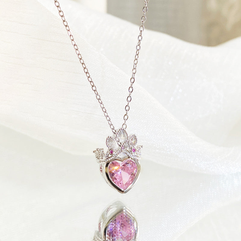 Gold Plated Anti Tarnish Stainless Steel Heart Themed Pink Crown Pendant