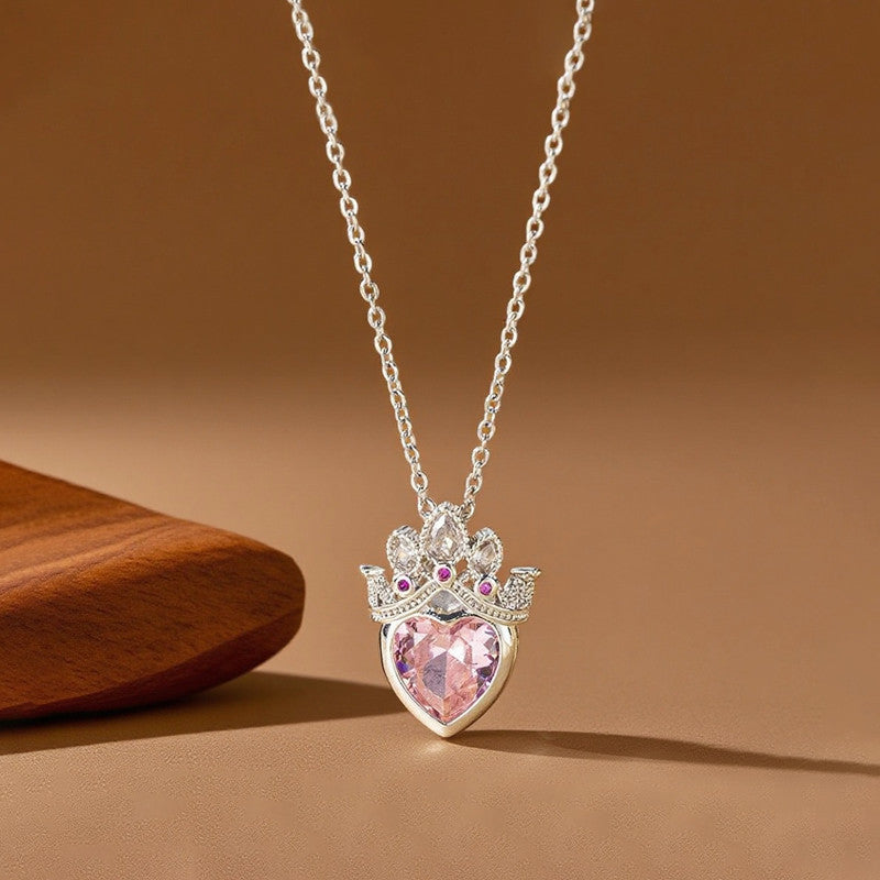 Gold Plated Anti Tarnish Stainless Steel Heart Themed Pink Crown Pendant