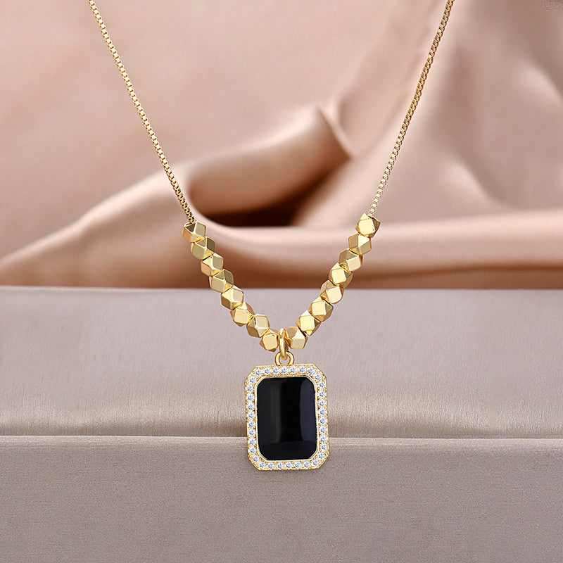 Gold Plated Stainless Steel Black Rectangular Pendant