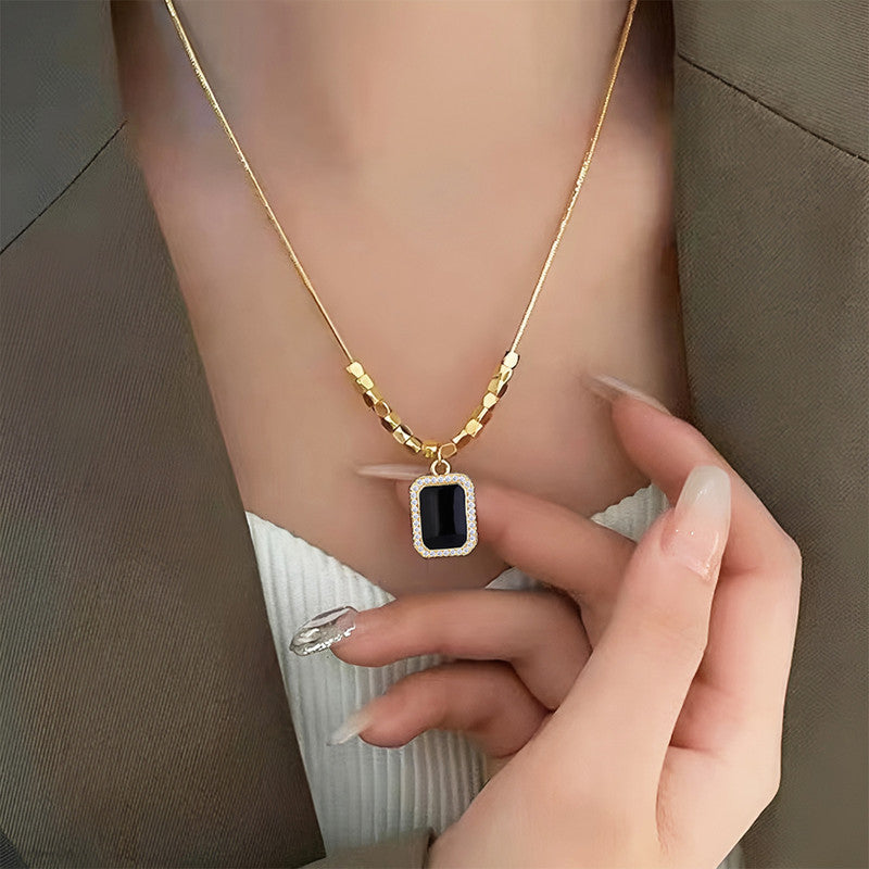 Gold Plated Stainless Steel Black Rectangular Pendant