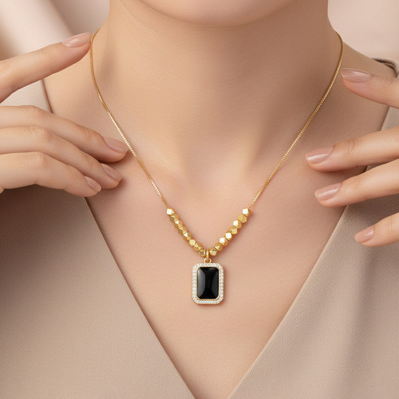 Gold Plated Stainless Steel Black Rectangular Pendant