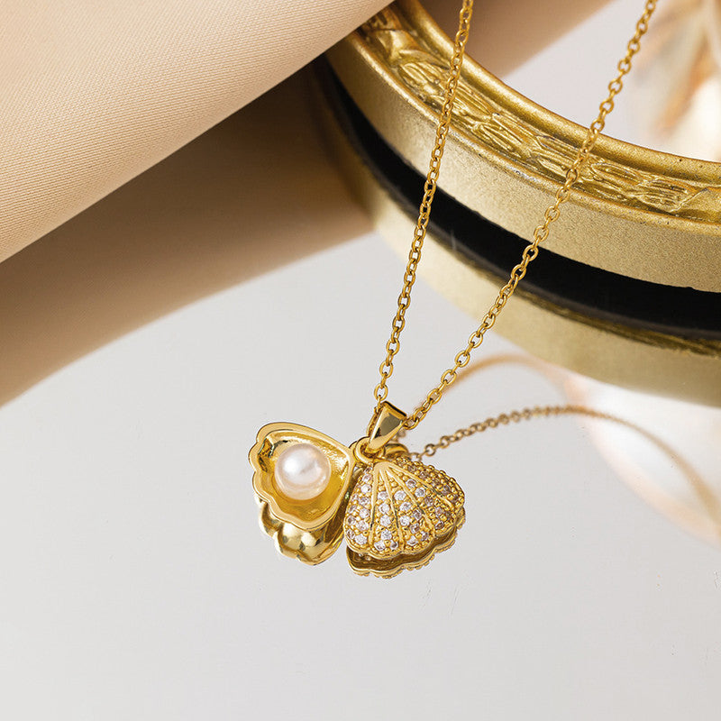 Gold Plated American Diamond Studded Shell Shaped Pendant