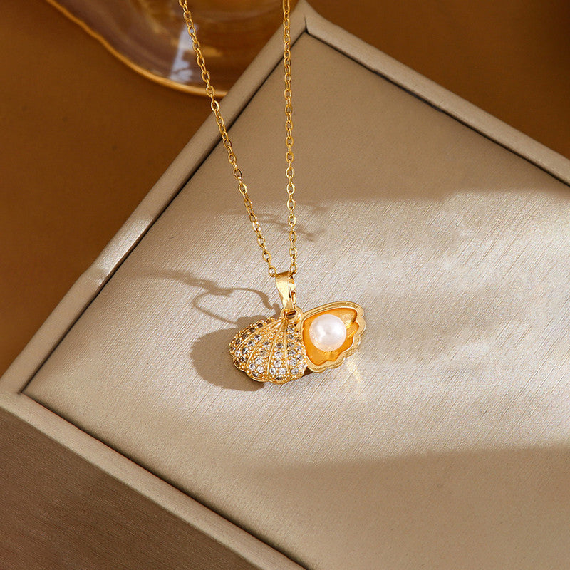 Gold Plated American Diamond Studded Shell Shaped Pendant