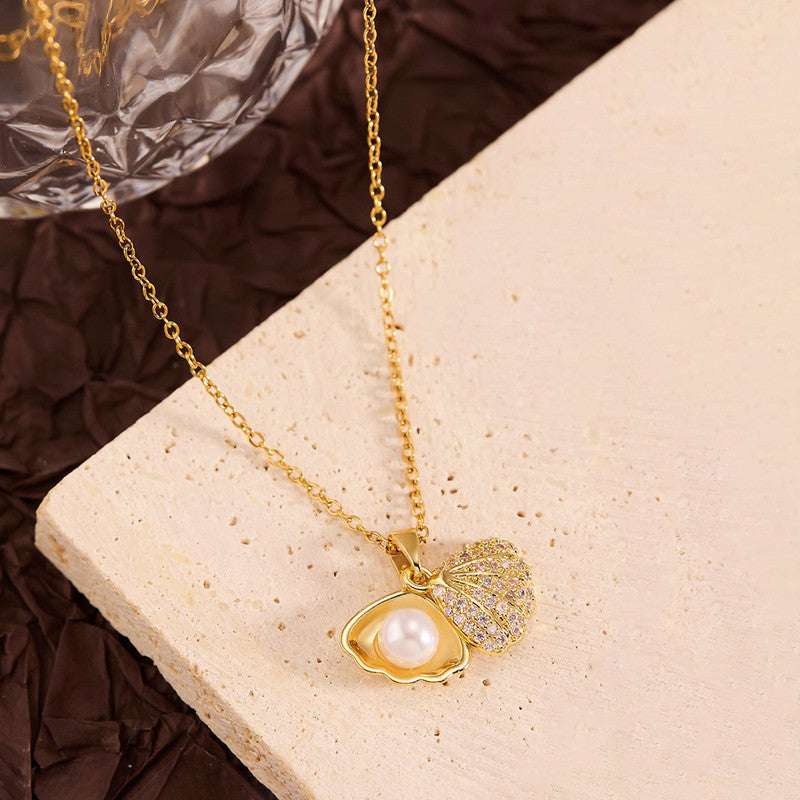Gold Plated American Diamond Studded Shell Shaped Pendant