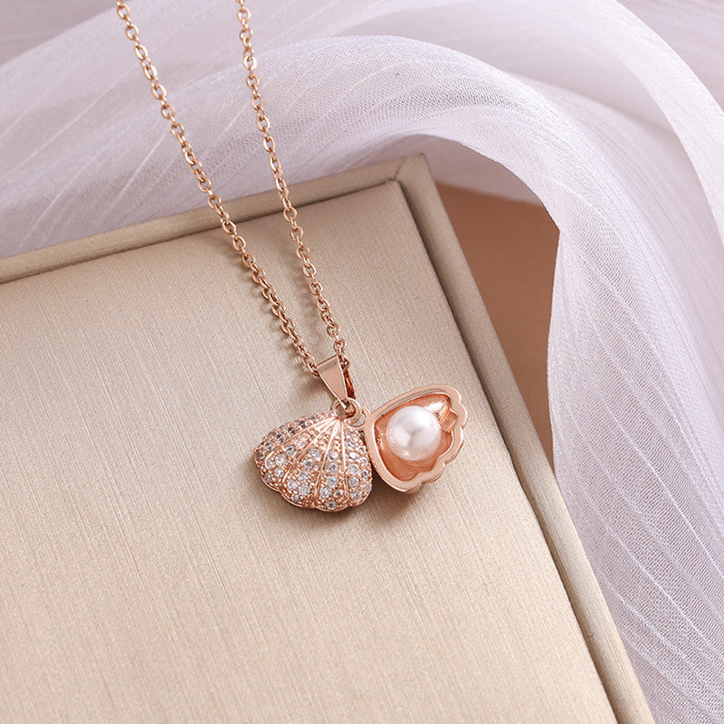 Rose Gold Plated American Diamond Studded Shell Shaped Pendant