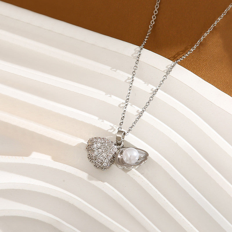 Silver Plated Anti Tarnish American Diamond Studded Shell Shaped Pendant