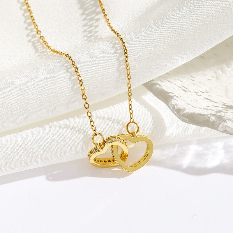 Gold Plated American Diamond Studded Dual Hearts Pendant