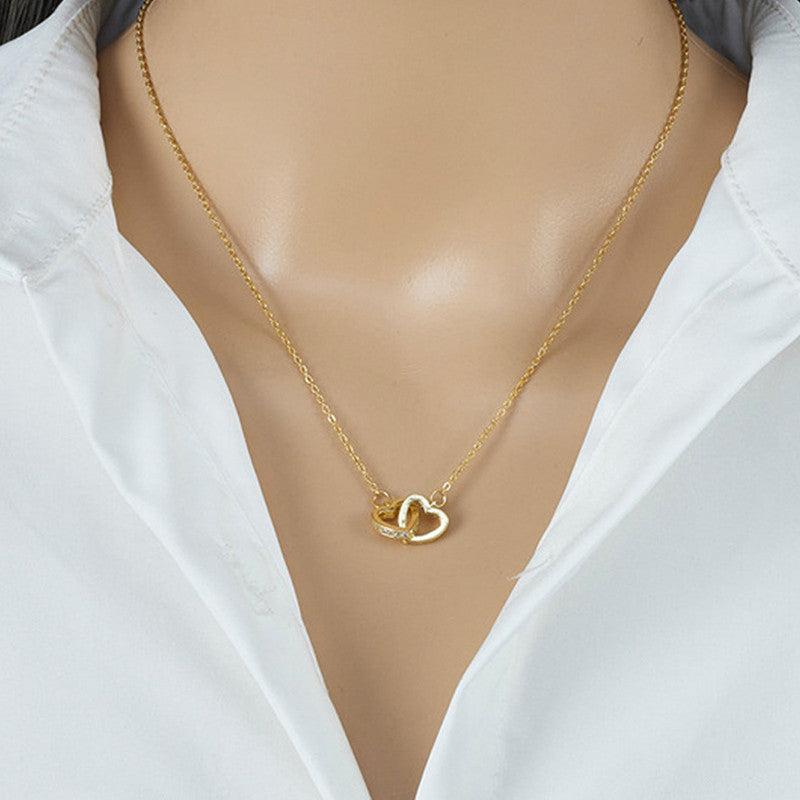 Gold Plated American Diamond Studded Dual Hearts Pendant