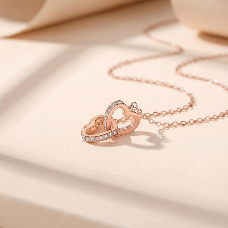 Rose Gold Plated American Diamond Studded Dual Hearts Pendant