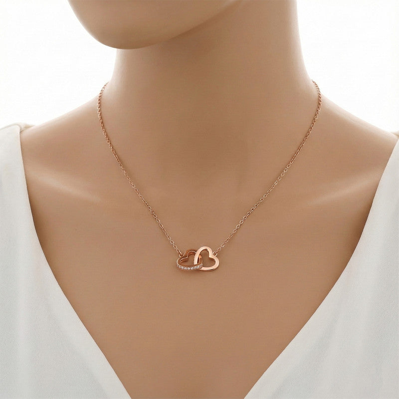 Rose Gold Plated American Diamond Studded Dual Hearts Pendant