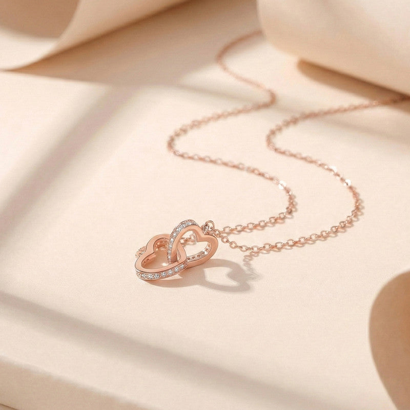 Rose Gold Plated American Diamond Studded Dual Hearts Pendant