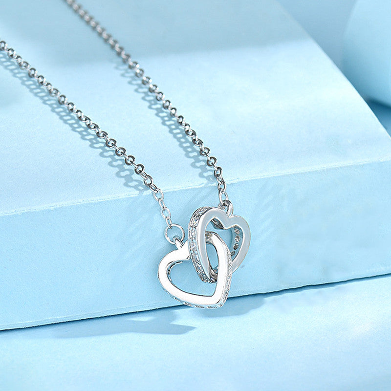 Silver Plated Anti Tarnish American Diamond Studded Dual Hearts Pendant