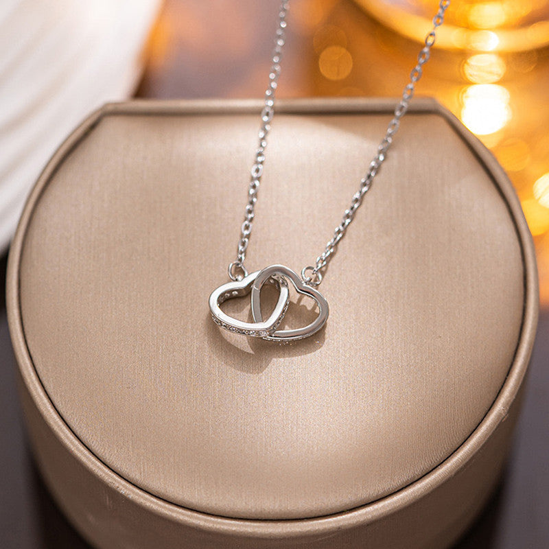 Silver Plated Anti Tarnish American Diamond Studded Dual Hearts Pendant