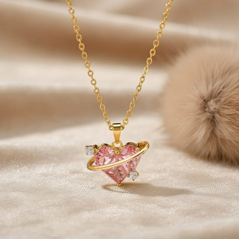 Gold Plated Stainless Steel Crystal Studded Pink Heart Themed Pendant