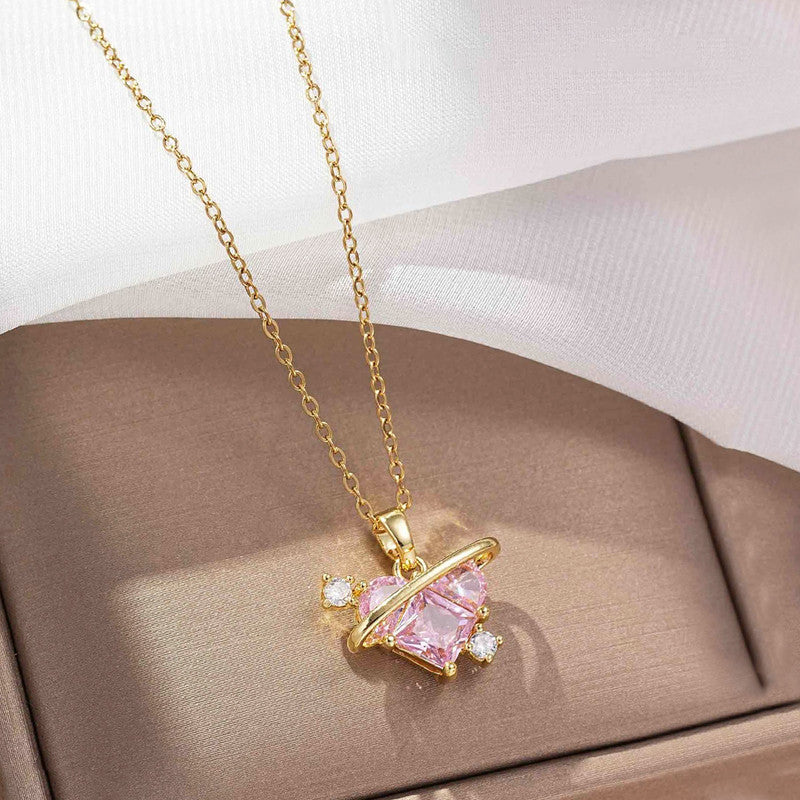 Gold Plated Stainless Steel Crystal Studded Pink Heart Themed Pendant
