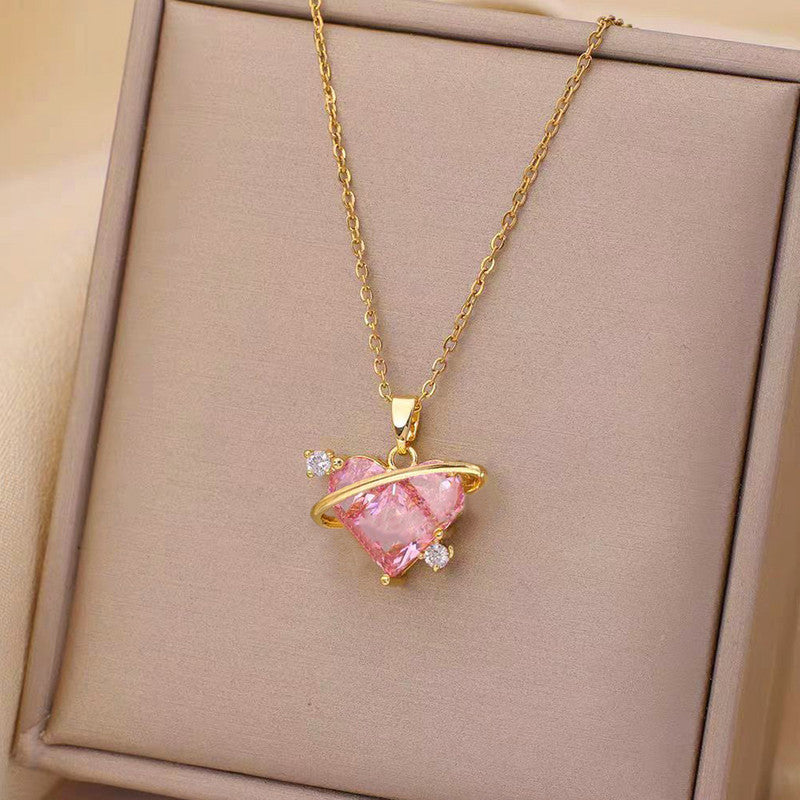 Gold Plated Stainless Steel Crystal Studded Pink Heart Themed Pendant