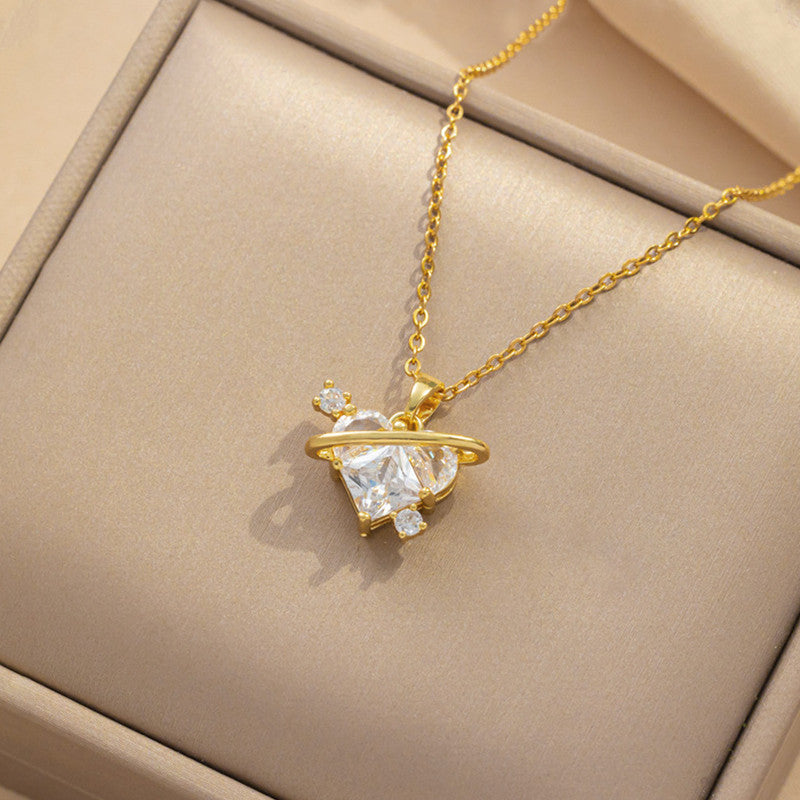 Gold Plated Stainless Steel Crystal Studded White Heart Themed Pendant