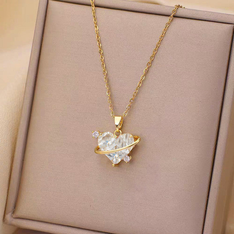 Gold Plated Stainless Steel Crystal Studded White Heart Themed Pendant