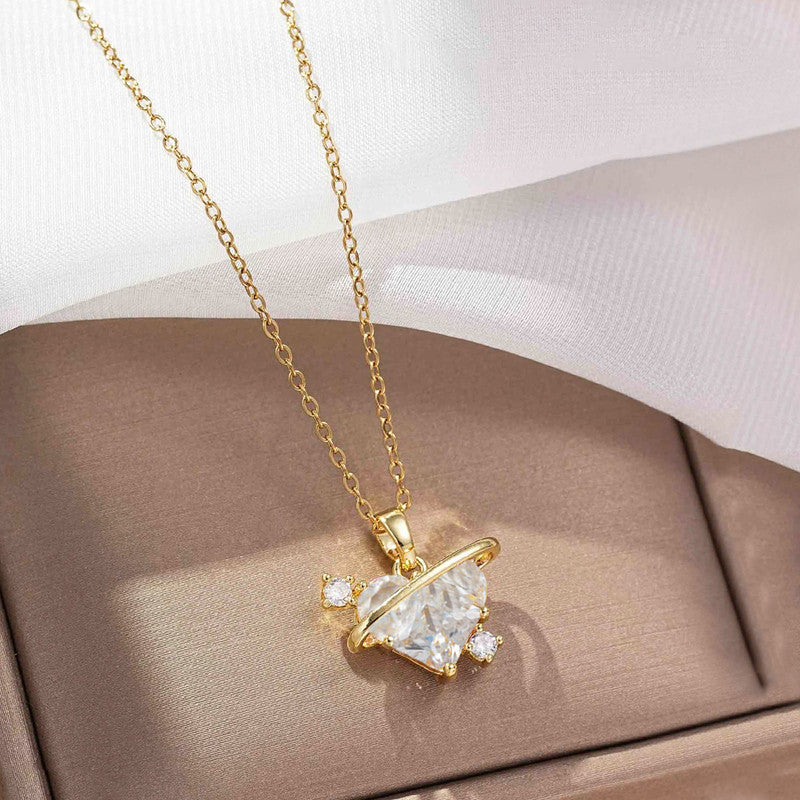 Gold Plated Stainless Steel Crystal Studded White Heart Themed Pendant