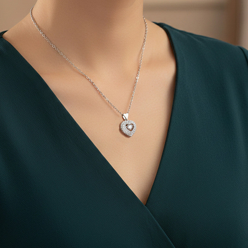 Silver Plated Stainless Steel American Diamond Studded Anti Tarnish Heart Themed Pendant