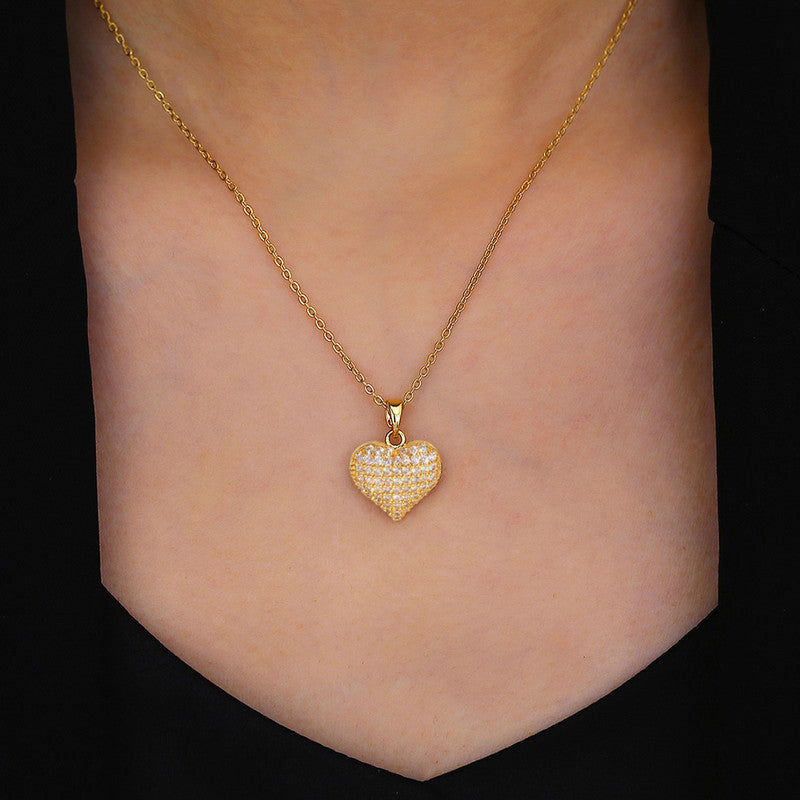 Gold Plated Stainless Steel American Diamond Studded Heart Themed Pendant