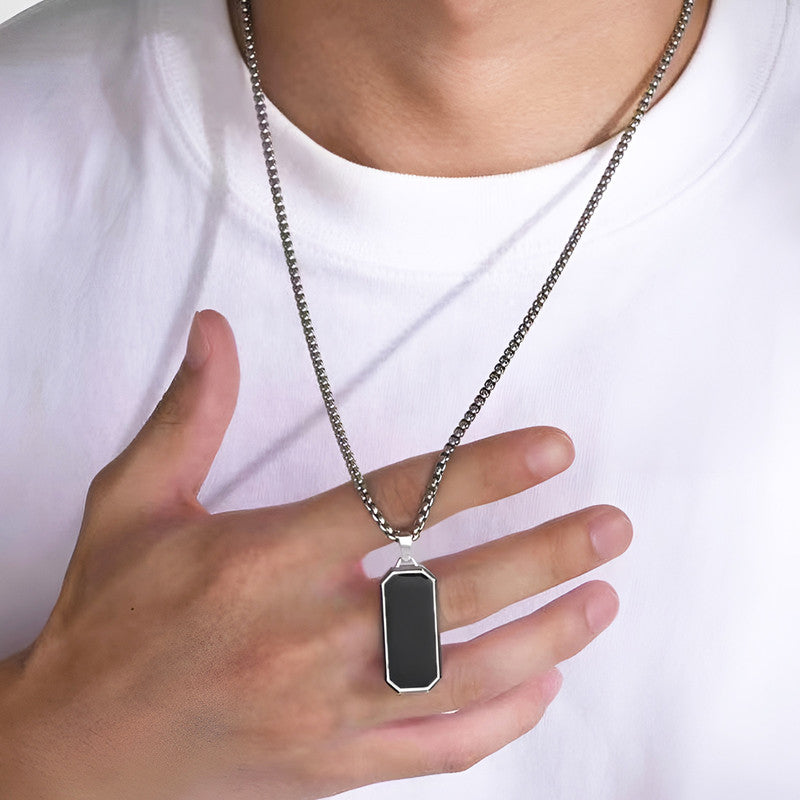 Silver Plated Stainless Steel Anti Tarnish Black Rectangular Hip Hop Party Pendant For Men