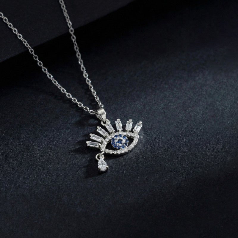 Silver Plated Stainless Steel American Diamond Studded Anti Tarnish Evil Eye Themed Pendant