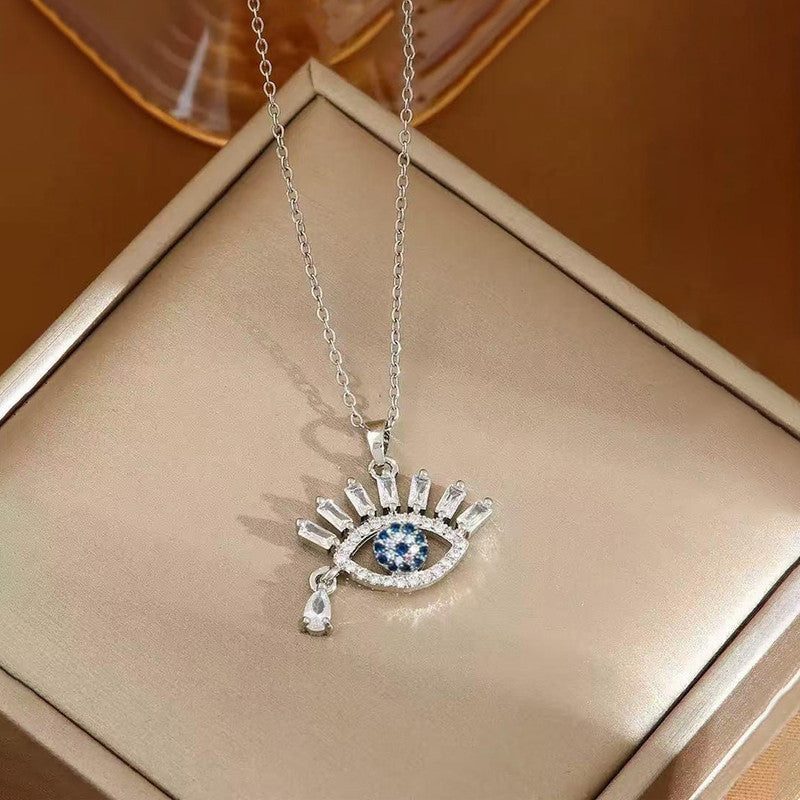 Silver Plated Stainless Steel American Diamond Studded Anti Tarnish Evil Eye Themed Pendant