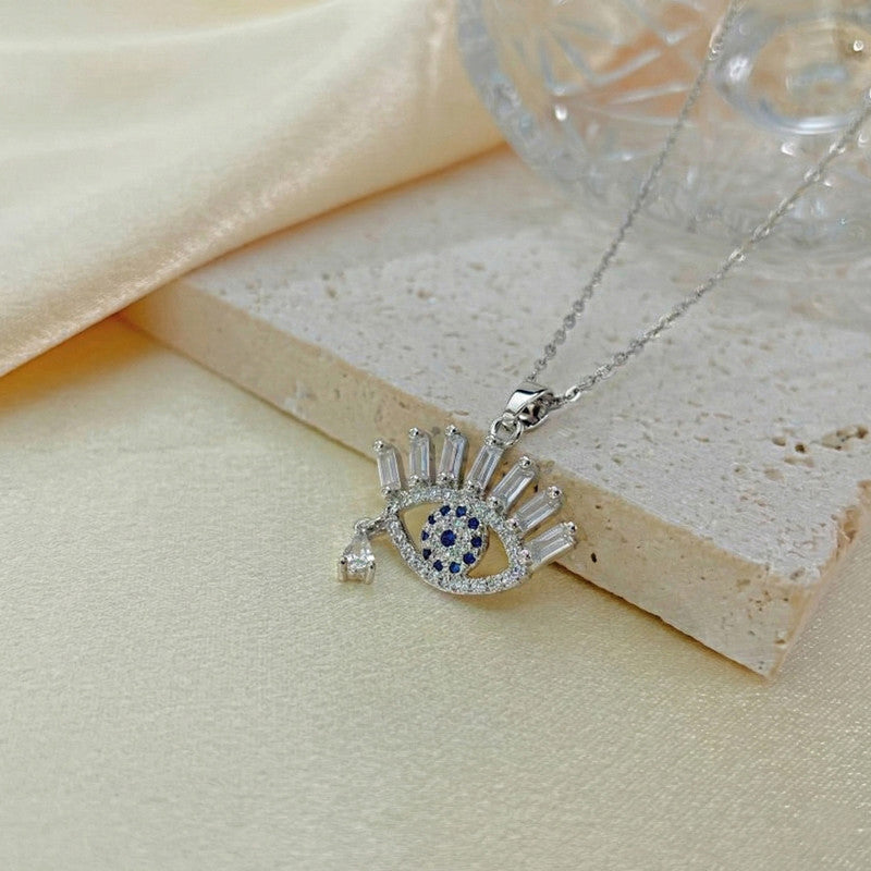 Silver Plated Stainless Steel American Diamond Studded Anti Tarnish Evil Eye Themed Pendant