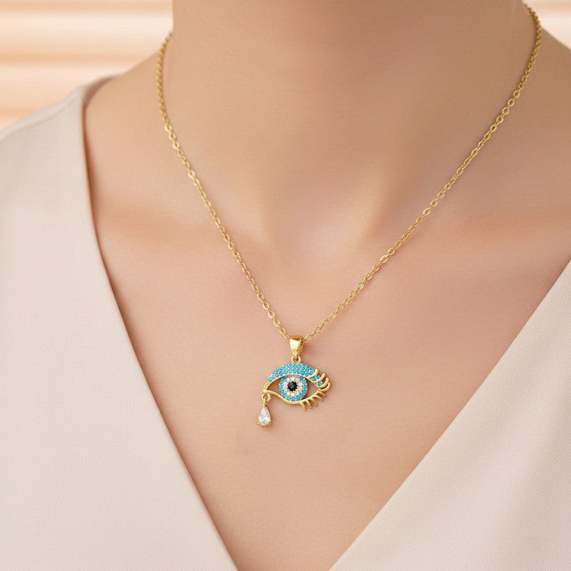 Gold Plated Stainless Steel American Diamond Studded Evil Eye Themed Pendant