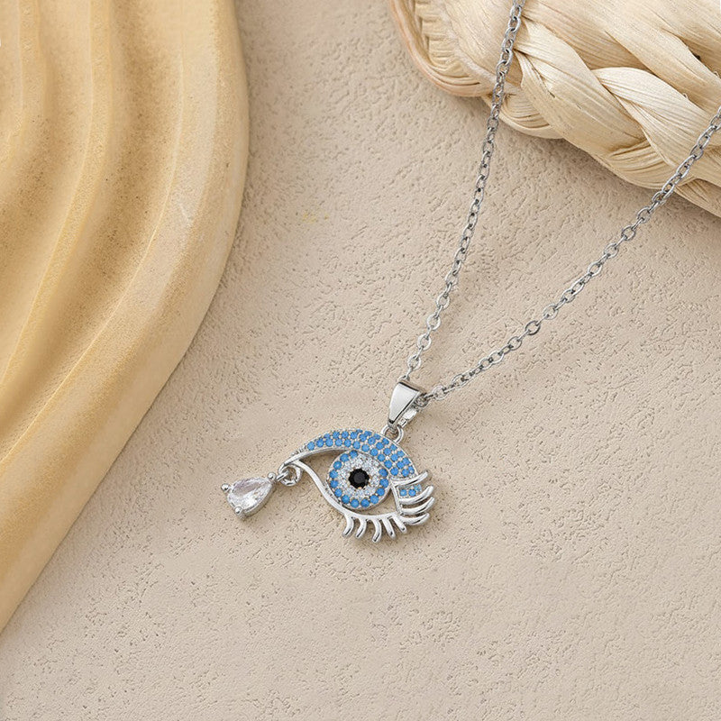 Silver Plated Stainless Steel American Diamond Studded Anti Tarnish Evil Eye Themed Pendant