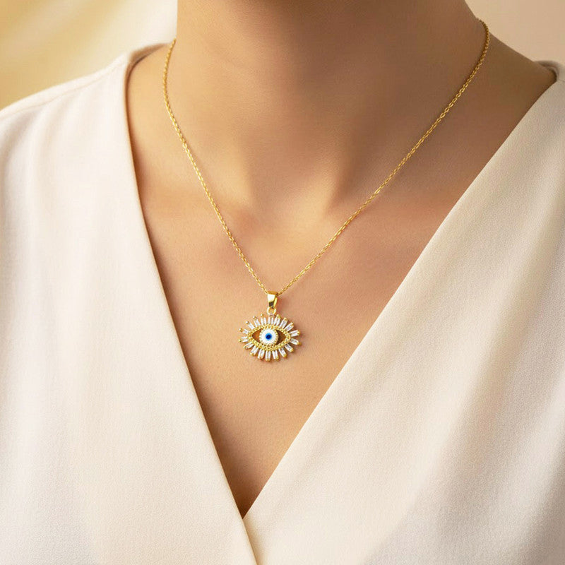 Gold Plated Stainless Steel American Diamond Studded Evil Eye Themed Pendant