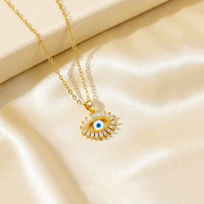 Gold Plated Stainless Steel American Diamond Studded Evil Eye Themed Pendant
