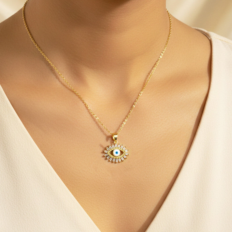 Gold Plated Stainless Steel American Diamond Studded Evil Eye Themed Pendant