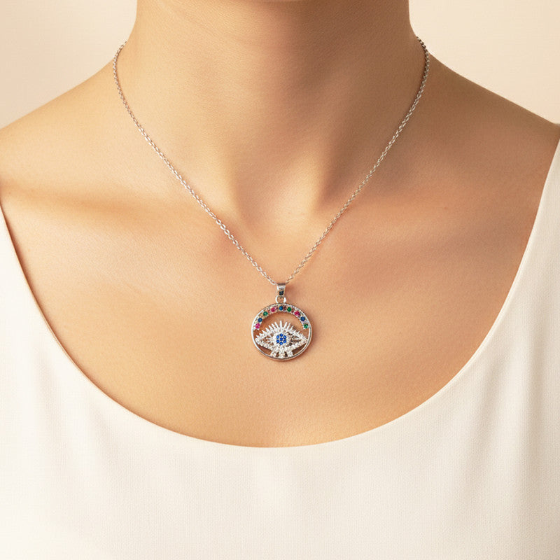 Silver Plated Stainless Steel American Diamond Studded Anti Tarnish Evil Eye Themed Pendant