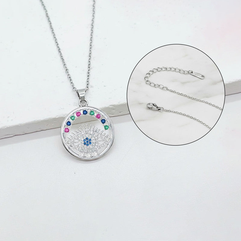 Silver Plated Stainless Steel American Diamond Studded Anti Tarnish Evil Eye Themed Pendant