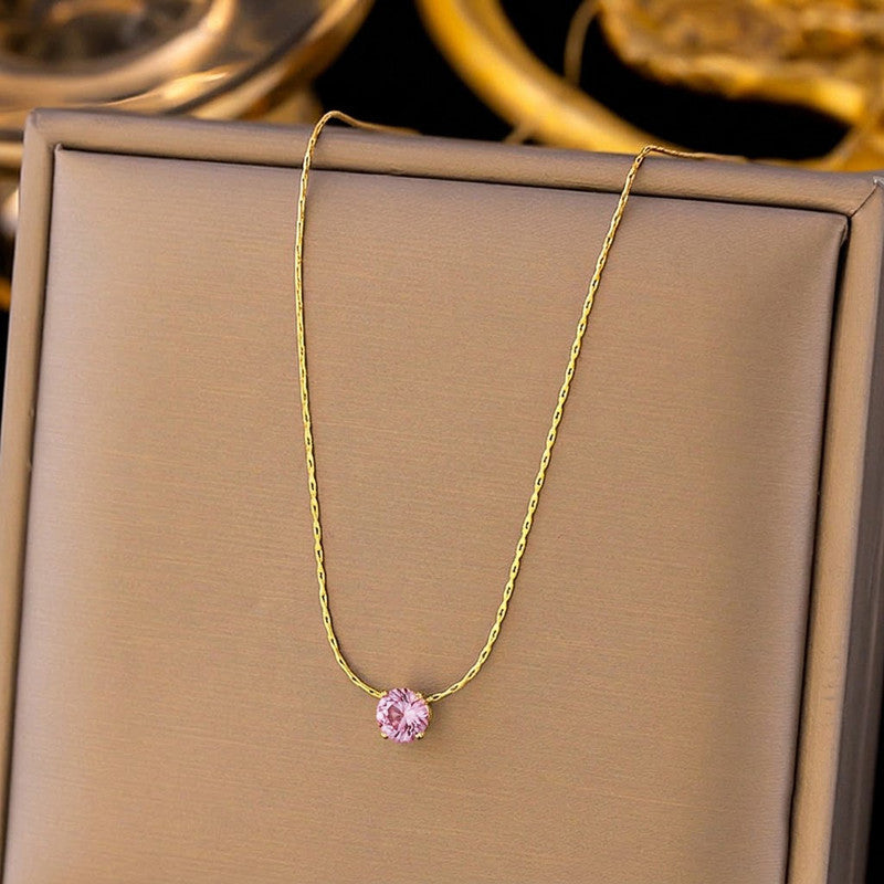 Gold Plated Stainless Steel Pink Anti Tarnish Stone Studded Hexagonal Pendant
