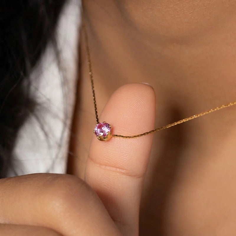 Gold Plated Stainless Steel Pink Anti Tarnish Stone Studded Hexagonal Pendant