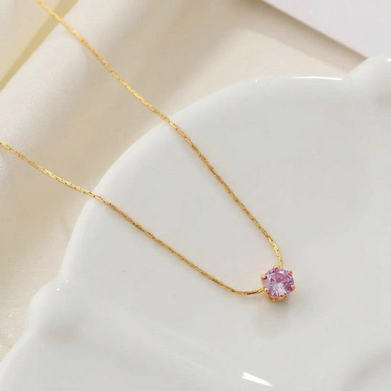 Gold Plated Stainless Steel Pink Anti Tarnish Stone Studded Hexagonal Pendant