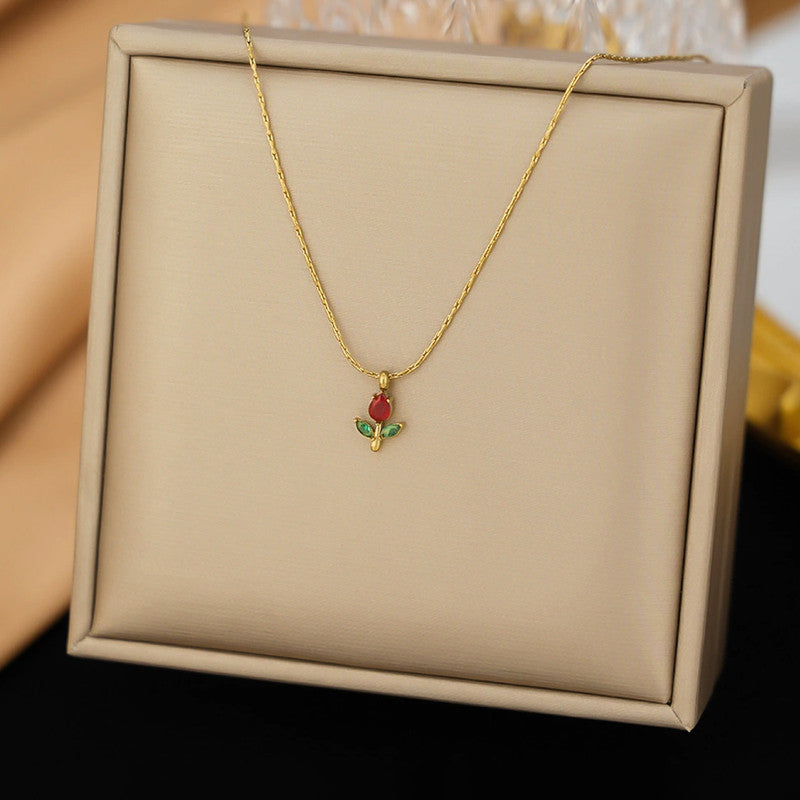 Gold Plated Anti Tarnish Red-Green CZ Studded Tulip Pendant
