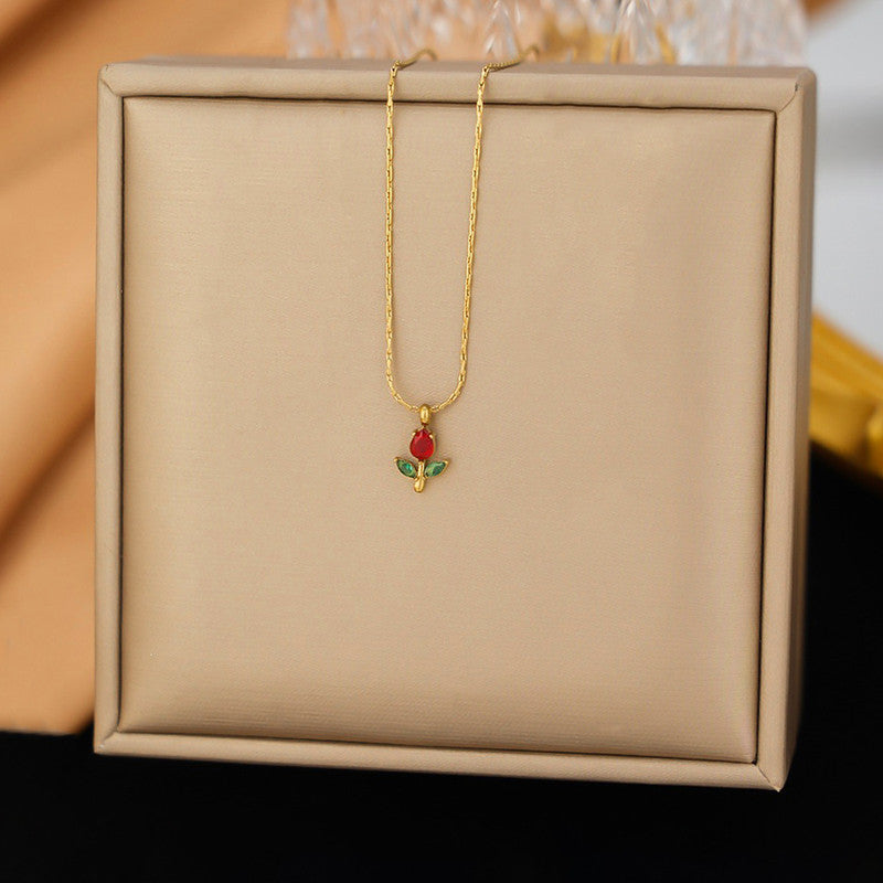 Gold Plated Anti Tarnish Red-Green CZ Studded Tulip Pendant