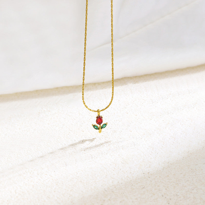 Gold Plated Anti Tarnish Red-Green CZ Studded Tulip Pendant