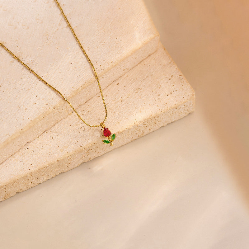 Gold Plated Anti Tarnish Red-Green CZ Studded Tulip Pendant