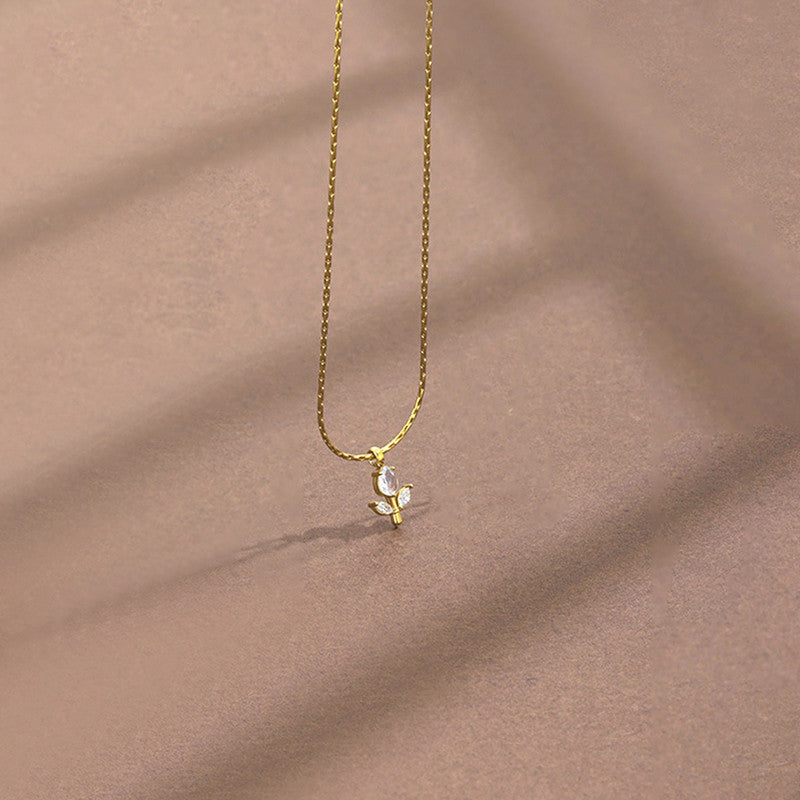 Gold Plated Anti Tarnish White CZ Studded Tulip Pendant
