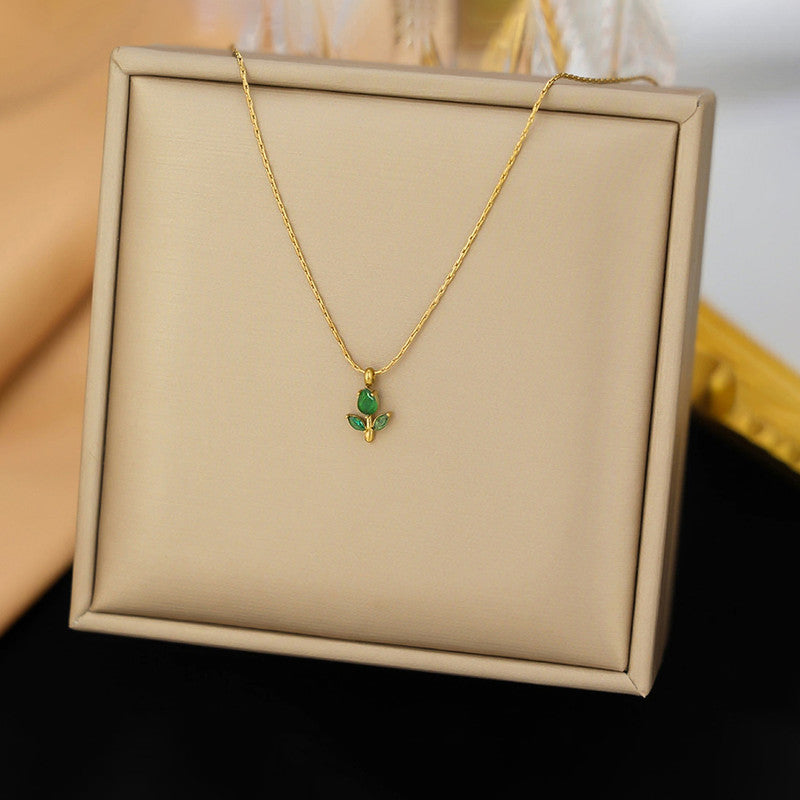 Gold Plated Anti Tarnish Green CZ Studded Tulip Pendant