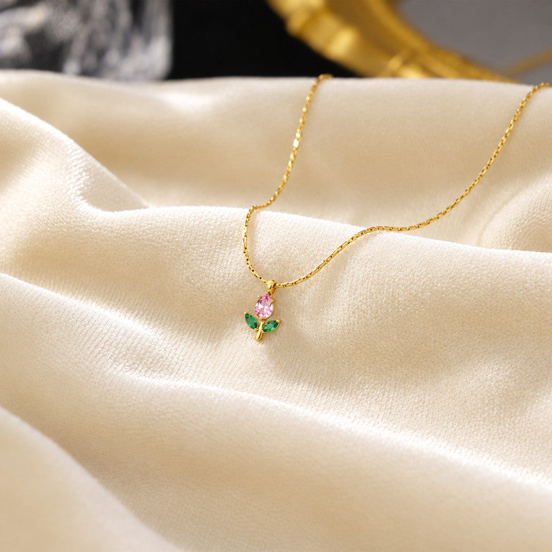 Gold Plated Anti Tarnish Pink-Green CZ Studded Tulip Pendant