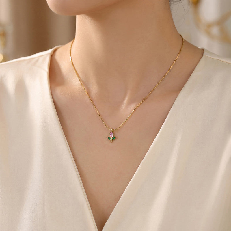 Gold Plated Anti Tarnish Pink-Green CZ Studded Tulip Pendant