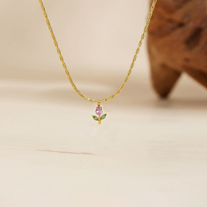Gold Plated Anti Tarnish Pink-Green CZ Studded Tulip Pendant