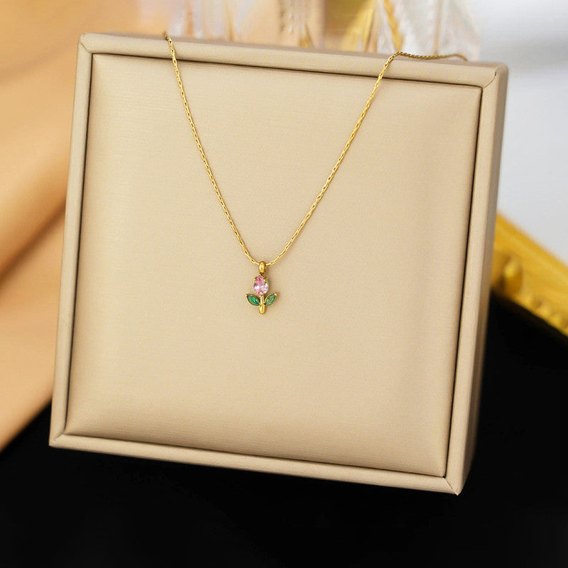 Gold Plated Anti Tarnish Pink-Green CZ Studded Tulip Pendant