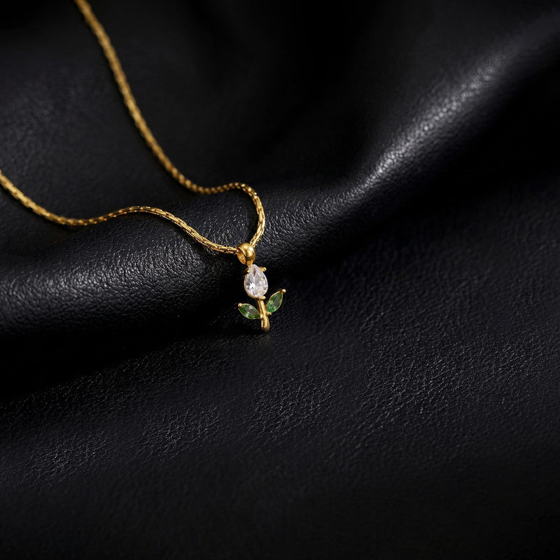 Gold Plated Anti Tarnish White-Green CZ Studded Tulip Pendant